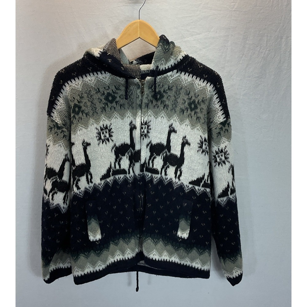 Yari Artesanias Alpaca Wool Hoodie Zip Up Sweater Llama black/ gray XS